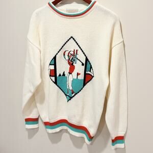 Quantum White Vintage Sweater Golf Motif 80's Clothes Size L Unisex RARE!